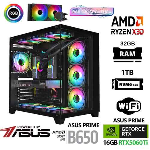 Prime Ryzen 7 7800X3D 32GB DDR5 Ram 1TB M.2 NVMe SSD 16GB RTX5060 Ti Sıvı Soğutmalı Masaüstü Oyuncu Bilgisayarı - 1