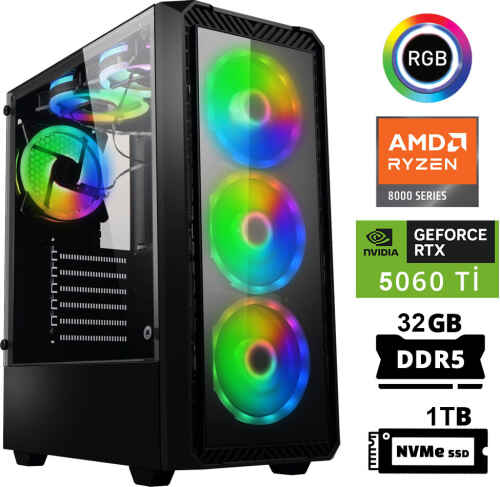 Xaser Delux X24 Ryzen 5 8400F 32GB DDR5 Ram 1TB M.2 NVMe SSD 8GB RTX5060 Ti Masaüstü Oyuncu Bilgisayarı - 1