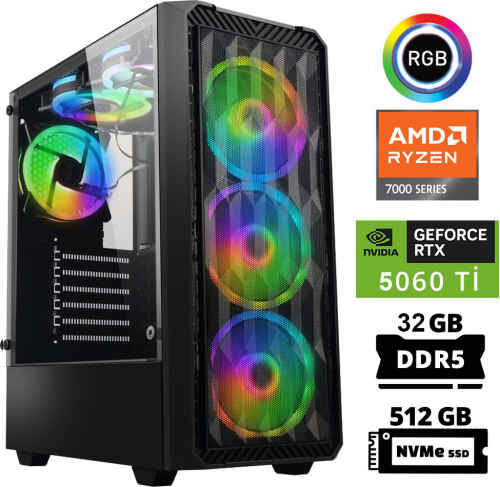 Xaser Delux X43 Ryzen 5 7500F 32GB DDR5 Ram 512GB M.2 NVMe SSD 8GB RTX5060 Ti Masaüstü Oyuncu Bilgisayarı - 1