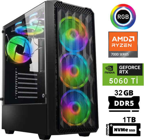 Xaser Delux X44 Ryzen 5 7500F 32GB DDR5 Ram 1TB M.2 NVMe SSD 8GB RTX5060 Ti Masaüstü Oyuncu Bilgisayarı - 1
