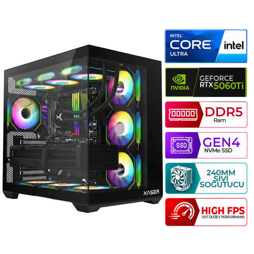 Xaser Kratos X130 Intel Ultra 5 225F 16GB DDR5 Ram 512GB M.2 NVMe SSD 16GB RTX5060Ti Sıvı Soğutmalı Masaüstü Oyuncu Bilgisayarı - 1