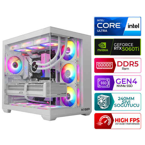 Xaser Kratos X160 Intel Ultra 5 225F 16GB DDR5 Ram 512GB M.2 NVMe SSD 16GB RTX5060Ti Sıvı Soğutmalı Masaüstü Oyuncu Bilgisayarı - 1
