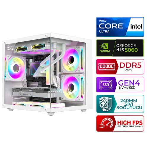 Xaser Kratos X60 Intel Ultra 5 225F 32GB DDR5 Ram 1TB M.2 NVMe SSD 8GB RTX5060 Sıvı Soğutmalı Masaüstü Oyuncu Bilgisayarı - 1