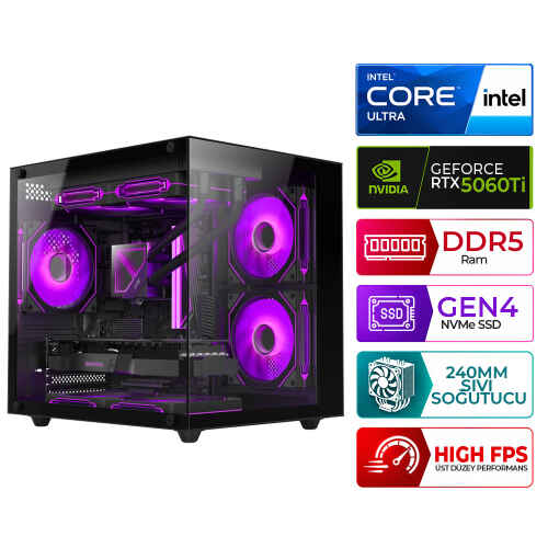 Xaser Kratos X90 Intel Ultra 5 225F 32GB DDR5 Ram 1TB M.2 NVMe SSD 8GB RTX5060Ti Sıvı Soğutmalı Masaüstü Oyuncu Bilgisayarı - 1