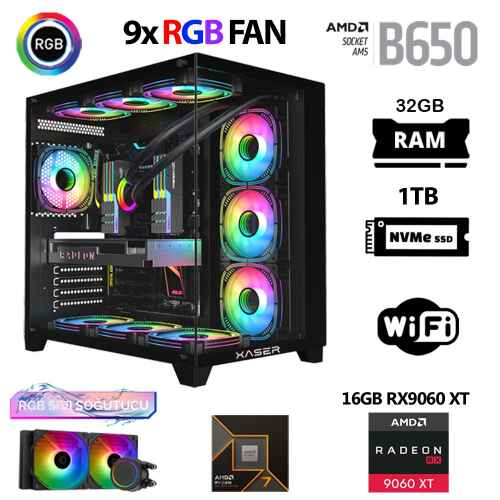Xaser Lexus x770 Ryzen 7 7700 32GB DDR5 Ram 1TB M.2 NVMe SSD 16GB RX9060 XT Sıvı Soğutmalı Masaüstü Oyuncu Bilgisayarı - 1