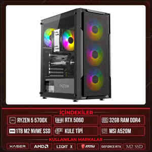 Xaser Light X10 Ryzen 7 5700X 32GB Ram 1TB M.2 NVMe SSD 8GB RTX5060 Sıvı Soğutmalı Masaüstü Oyuncu OEM Bilgisayar - Xaser
