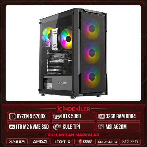 Xaser Light X10 Ryzen 7 5700X 32GB Ram 1TB M.2 NVMe SSD 8GB RTX5060 Sıvı Soğutmalı Masaüstü Oyuncu OEM Bilgisayar - 1
