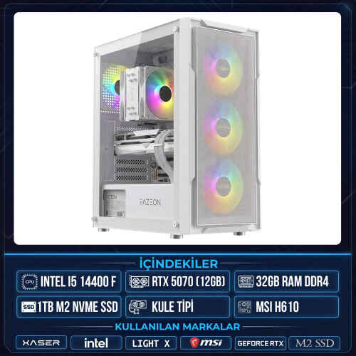Xaser Light X120 i5 14400F 32GB Ram 1TB M.2 NVMe SSD 12GB RTX5070 Sıvı Soğutmalı Masaüstü Oyuncu OEM Bilgisayar - 1