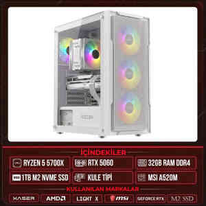 Xaser Light X20 Ryzen 7 5700X 32GB Ram 1TB M.2 NVMe SSD 8GB RTX5060 Sıvı Soğutmalı Masaüstü Oyuncu OEM Bilgisayar - Xaser