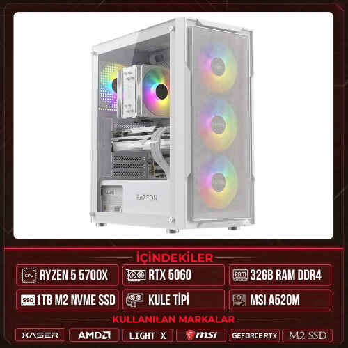 Xaser Light X20 Ryzen 7 5700X 32GB Ram 1TB M.2 NVMe SSD 8GB RTX5060 Sıvı Soğutmalı Masaüstü Oyuncu OEM Bilgisayar - 1
