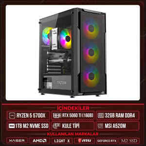 Xaser Light X30 Ryzen 7 5700X 32GB Ram 1TB M.2 NVMe SSD 16GB RTX5060 Ti Sıvı Soğutmalı Masaüstü Oyuncu OEM Bilgisayar - Xaser
