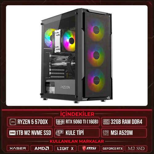 Xaser Light X30 Ryzen 7 5700X 32GB Ram 1TB M.2 NVMe SSD 16GB RTX5060 Ti Sıvı Soğutmalı Masaüstü Oyuncu OEM Bilgisayar - 1