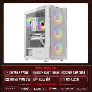 Xaser Light X40 Ryzen 7 5700X 32GB Ram 1TB M.2 NVMe SSD 16GB RTX5060 Ti Sıvı Soğutmalı Masaüstü Oyuncu OEM Bilgisayar - Xaser