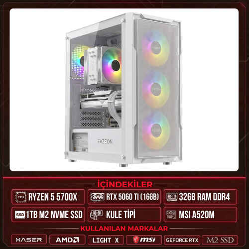 Xaser Light X40 Ryzen 7 5700X 32GB Ram 1TB M.2 NVMe SSD 16GB RTX5060 Ti Sıvı Soğutmalı Masaüstü Oyuncu OEM Bilgisayar - 1