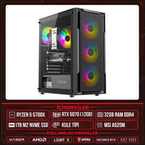 Xaser Light X50 Ryzen 7 5700X 32GB Ram 1TB M.2 NVMe SSD 12GB RTX5070 Sıvı Soğutmalı Masaüstü Oyuncu OEM Bilgisayar - XASER