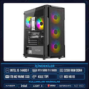 Xaser Light X90 i5 14400F 32GB Ram 1TB M.2 NVMe SSD 16GB RTX5060 Ti Sıvı Soğutmalı Masaüstü Oyuncu OEM Bilgisayar - Xaser
