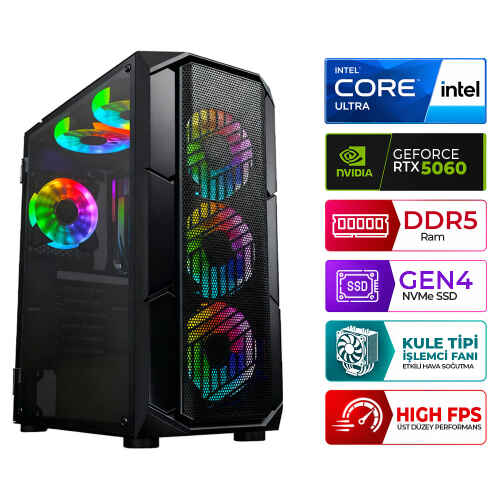 Xaser North X20 Intel Ultra 5 225F 16GB DDR5 Ram 1TB M.2 NVMe SSD 8GB RTX5060 Masaüstü Oyuncu Bilgisayarı - 1