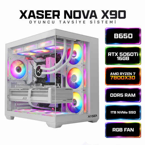 Xaser Nova X90 Ryzen 7 7800X3D 16GB DDR5 Ram 1TB M.2 NVMe SSD 16GB RTX5060 Ti Sıvı Soğutmalı Oyuncu Bilgisayar - 1