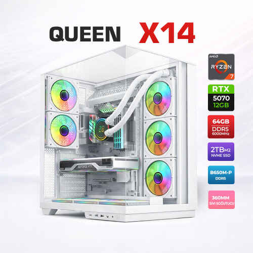 Xaser Queen X14 Ryzen 7 7800X3D 64GB DDR5 Ram 2TB M.2 NVMe SSD 12GB RTX5070 Sıvı Soğutmalı Oyuncu Bilgisayarı - 1