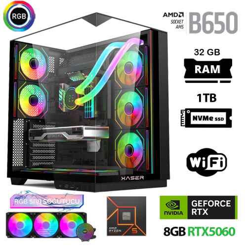 Xaser Queen X3 Ryzen 5 7500F 32GB Ram 1TB M.2 NVMe SSD 8GB RTX5060 Sıvı Soğutmalı Oyuncu Bilgisayarı - 1