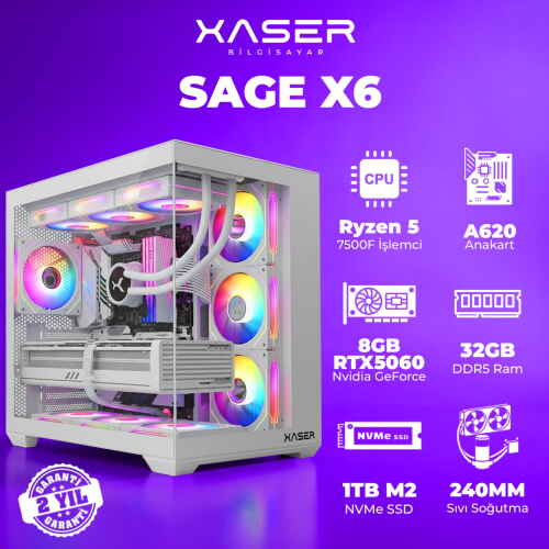 Xaser Sage X6 Ryzen 5 7500F 32GB DDR5 Ram 1TB M.2 NVMe SSD 8GB RTX5060 Sıvı Soğutmalı Oyuncu Bilgisayarı - 1