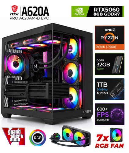 Xaser Shiny X70 Ryzen 5 7500F 32GB DDR5 Ram 1TB M.2 NVMe SSD 8GB RTX5060 Sıvı Soğutmalı Oyuncu Bilgisayarı - 1