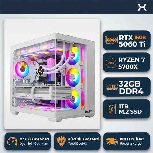 Xaser SovaX60 Ryzen 7 5700x 32GB Ram 1TB M.2 NVMe SSD 16GB RTX5060Ti Sıvı Soğutmalı Hazır Sistem Oyuncu Bilgisayarı - 1