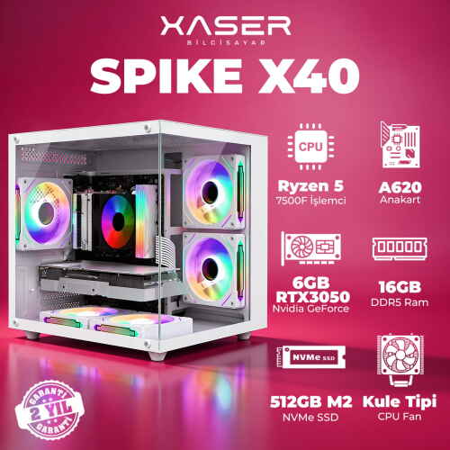 Xaser Spike X40 Ryzen 5 7500F 16GB DDR5 Ram 1TB M.2 NVMe SSD 6GB RTX3050 Masaüstü Oyuncu Bilgisayarı - 1