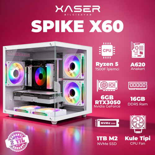 Xaser Spike X60 Ryzen 5 7500F 16GB DDR5 Ram 1TB M.2 NVMe SSD 6GB RTX3050 Masaüstü Oyuncu Bilgisayarı - 1