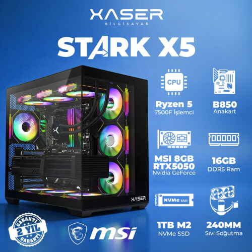 Xaser STARK X5 Ryzen 5 7500F 16GB Ram 1TB M.2 NVMe SSD 8GB RTX5050 Sıvı Soğutmalı Oyuncu Bilgisayarı - 1