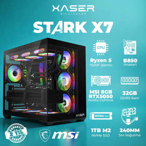 Xaser STARK X7 Ryzen 5 7500F 32GB Ram 1TB M.2 NVMe SSD 8GB RTX5050 Sıvı Soğutmalı Oyuncu Bilgisayarı - 1