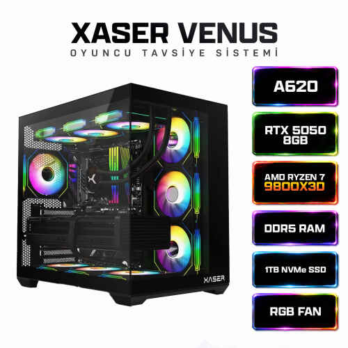 Xaser Venus X20 Ryzen 7 9800X3D 16GB DDR5 Ram 1TB M.2 NVMe SSD 8GB RTX5050 Sıvı Soğutmalı Oyuncu Bilgisayar - 1