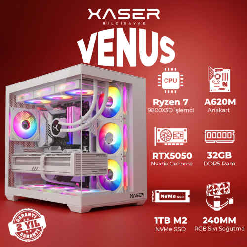 Xaser Venus X60 Ryzen 7 9800X3D 32GB DDR5 Ram 1TB M.2 NVMe SSD 8GB RTX5050 Sıvı Soğutmalı Oyuncu Bilgisayar - 1