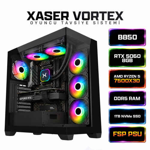 Xaser Vortex X50 Ryzen 5 7500X3D 16GB DDR5 Ram 1TB M.2 NVMe SSD 8GB RTX5060 Sıvı Soğutmalı Oyuncu Bilgisayarı - 1