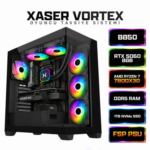 Xaser Vortex X80 Ryzen 7 7800X3D 32GB DDR5 Ram 1TB M.2 NVMe SSD 8GB RTX5060 Sıvı Soğutmalı Oyuncu Bilgisayarı - 1