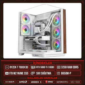 Xaser WOODEN X100 Ryzen 7 7800X3D 32GB DDR5 Ram 1TB M.2 NVMe SSD 16GB RTX5060 Ti Sıvı Soğutmalı Masaüstü Oyuncu OEM Bilgisayar - Xaser