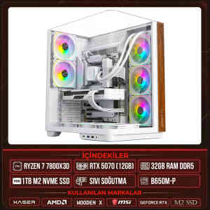 Xaser WOODEN X120 Ryzen 7 7800X3D 32GB DDR5 Ram 1TB M.2 NVMe SSD 12GB RTX5070 Sıvı Soğutmalı Masaüstü Oyuncu OEM Bilgisayar - XASER