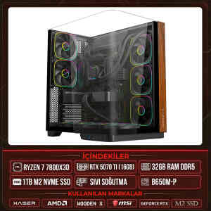 Xaser WOODEN X130 Ryzen 7 7800X3D 32GB DDR5 Ram 1TB M.2 NVMe SSD 16GB RTX5070 Ti Sıvı Soğutmalı Masaüstü Oyuncu OEM Bilgisayar - XASER