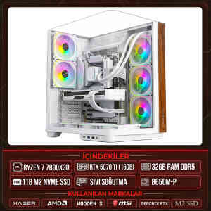 Xaser WOODEN X140 Ryzen 7 7800X3D 32GB DDR5 Ram 1TB M.2 NVMe SSD 16GB RTX5070 Ti Sıvı Soğutmalı Masaüstü Oyuncu OEM Bilgisayar - XASER
