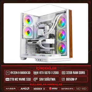 Xaser WOODEN X180 Ryzen 7 9800X3D 32GB DDR5 Ram 2TB M.2 NVMe SSD 12GB RTX5070 Sıvı Soğutmalı Masaüstü Oyuncu OEM Bilgisayar - XASER
