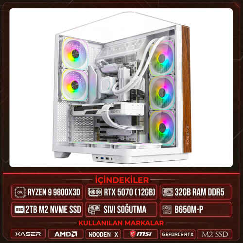 Xaser WOODEN X180 Ryzen 7 9800X3D 32GB DDR5 Ram 2TB M.2 NVMe SSD 12GB RTX5070 Sıvı Soğutmalı Masaüstü Oyuncu OEM Bilgisayar - 1