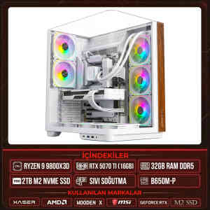 Xaser WOODEN X200 Ryzen 7 9800X3D 32GB DDR5 Ram 2TB M.2 NVMe SSD 16GB RTX5070 Ti Sıvı Soğutmalı Masaüstü Oyuncu OEM Bilgisayar - XASER