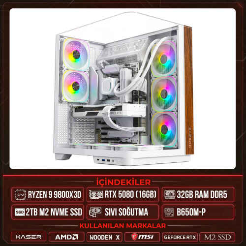 Xaser WOODEN X220 Ryzen 7 9800X3D 32GB DDR5 Ram 2TB M.2 NVMe SSD 16GB RTX5080 Sıvı Soğutmalı Masaüstü Oyuncu OEM Bilgisayar - 1