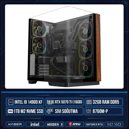 Xaser WOODEN X250 i9 14900KF 32GB DDR5 Ram 1TB M.2 NVMe SSD 16GB RTX5070 Ti Sıvı Soğutmalı Masaüstü Oyuncu OEM Bilgisayar - 1