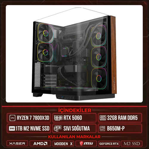 Xaser WOODEN X70 Ryzen 7 7800X3D 32GB DDR5 Ram 1TB M.2 NVMe SSD 8GB RTX5060 Sıvı Soğutmalı Masaüstü Oyuncu OEM Bilgisayar - 1