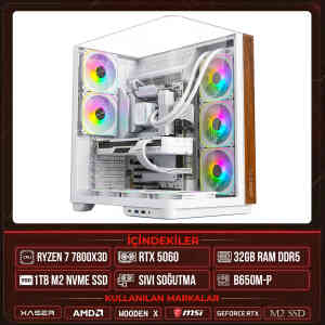 Xaser WOODEN X80 Ryzen 7 7800X3D 32GB DDR5 Ram 1TB M.2 NVMe SSD 8GB RTX5060 Sıvı Soğutmalı Masaüstü Oyuncu OEM Bilgisayar - Xaser