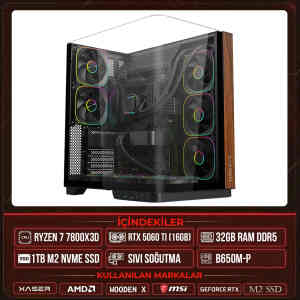 Xaser WOODEN X90 Ryzen 7 7800X3D 32GB DDR5 Ram 1TB M.2 NVMe SSD 16GB RTX5060 Ti Sıvı Soğutmalı Masaüstü Oyuncu OEM Bilgisayar - Xaser