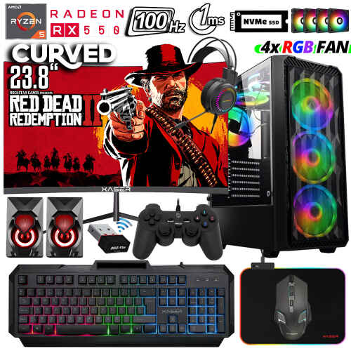 Xaser Xsr1029 Ryzen 5 3600 16GB Ram 512GB M.2 NVMe SSD 4GB RX550 23.8 100Hz Curved Oyun Hazır Sistem - 1