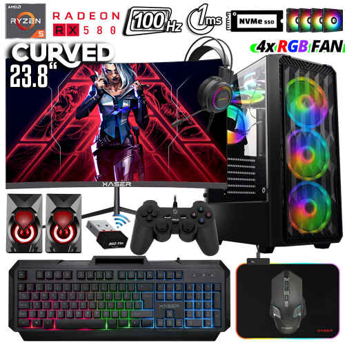 Xaser Xsr1037 Ryzen 5 3600 16GB Ram 512GB M.2 NVMe SSD 8GB RX580 23.8 100Hz Curved Oyun Hazır Sistem - 1