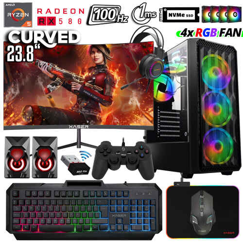 Xaser Xsr1038 Ryzen 5 3600 32GB Ram 512GB M.2 NVMe SSD 8GB RX580 23.8 100Hz Curved Oyun Hazır Sistem - 1